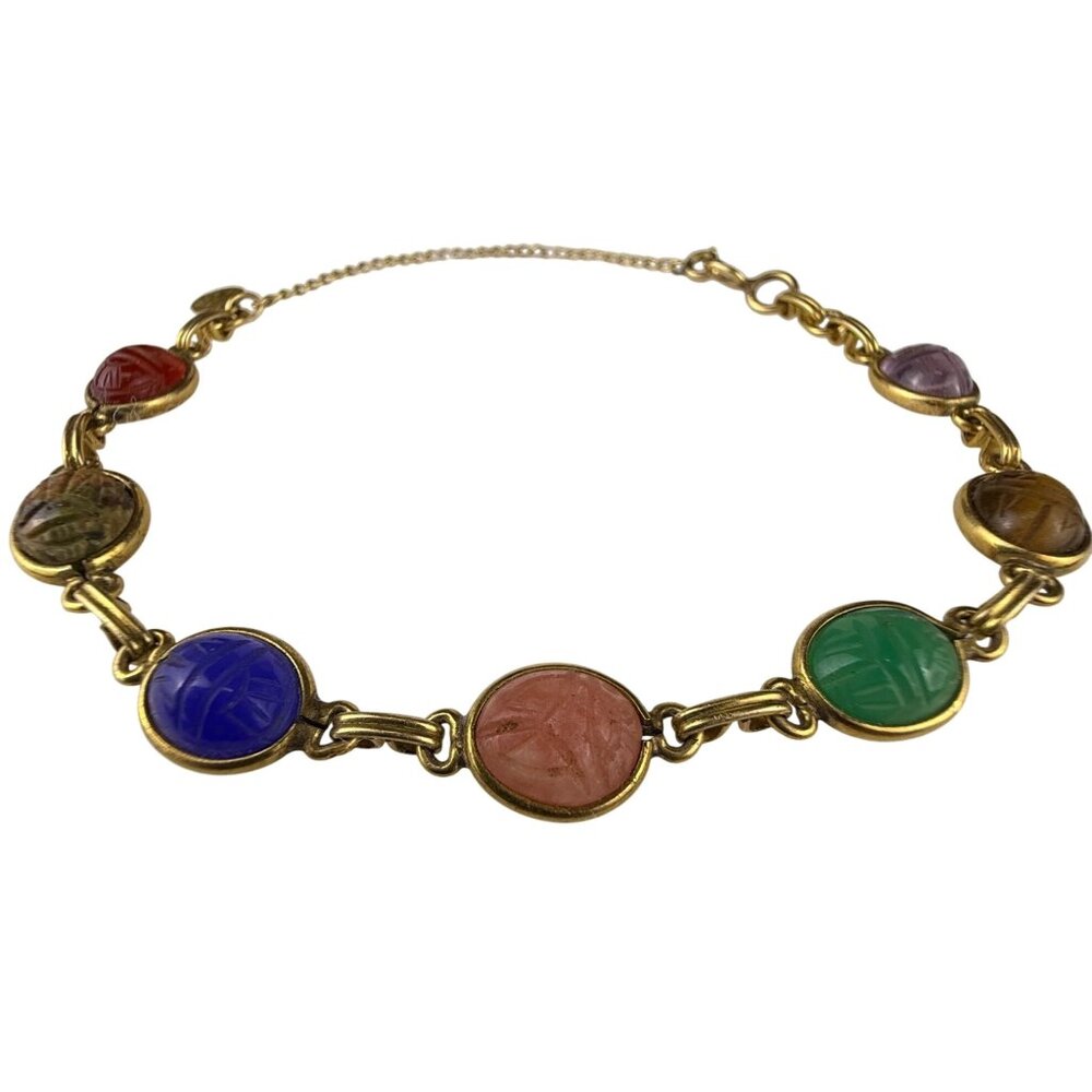Multi-Stone Gold Tone Scarab Bracelet Chain Link 8" Length 2012 Candies Design